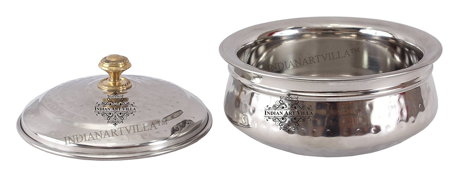 Pure Steel Serving Hammered Design Handi With Lid, Brass Knob