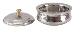 Pure Steel Serving Hammered Design Handi With Lid, Brass Knob