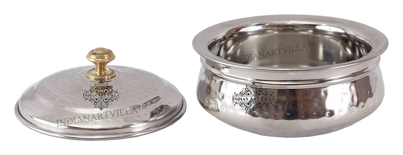 Pure Steel Serving Hammered Design Handi With Lid, Brass Knob