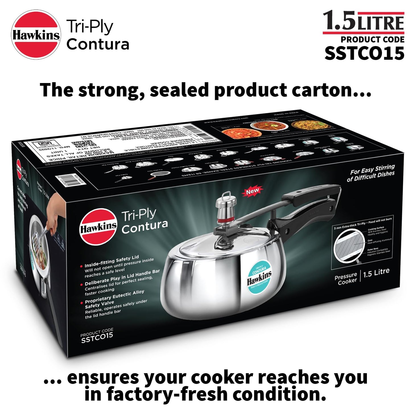 Hawkins 1.5 Litre Triply Contura Induction Pressure Cooker, Triply Stainless Steel, Contura shaped, Silver (SSTCO15)