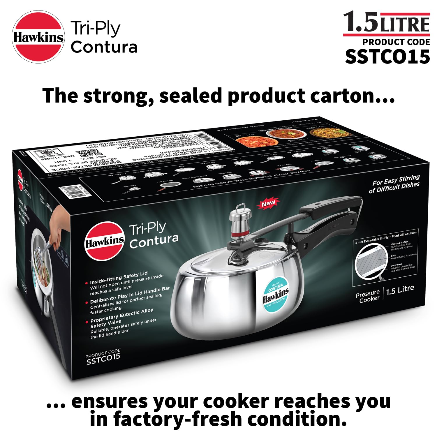 Hawkins 1.5 Litre Triply Contura Induction Pressure Cooker, Triply Stainless Steel, Contura shaped, Silver (SSTCO15)