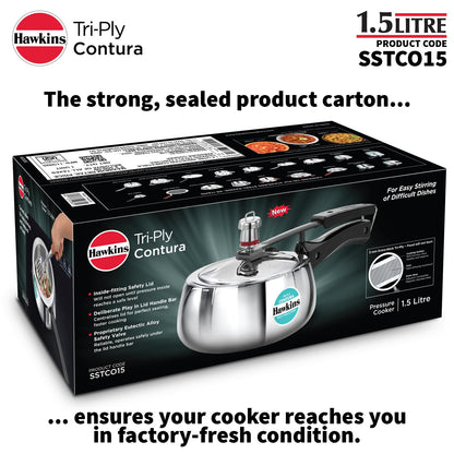 Hawkins 1.5 Litre Triply Contura Induction Pressure Cooker, Triply Stainless Steel, Contura shaped, Silver (SSTCO15)