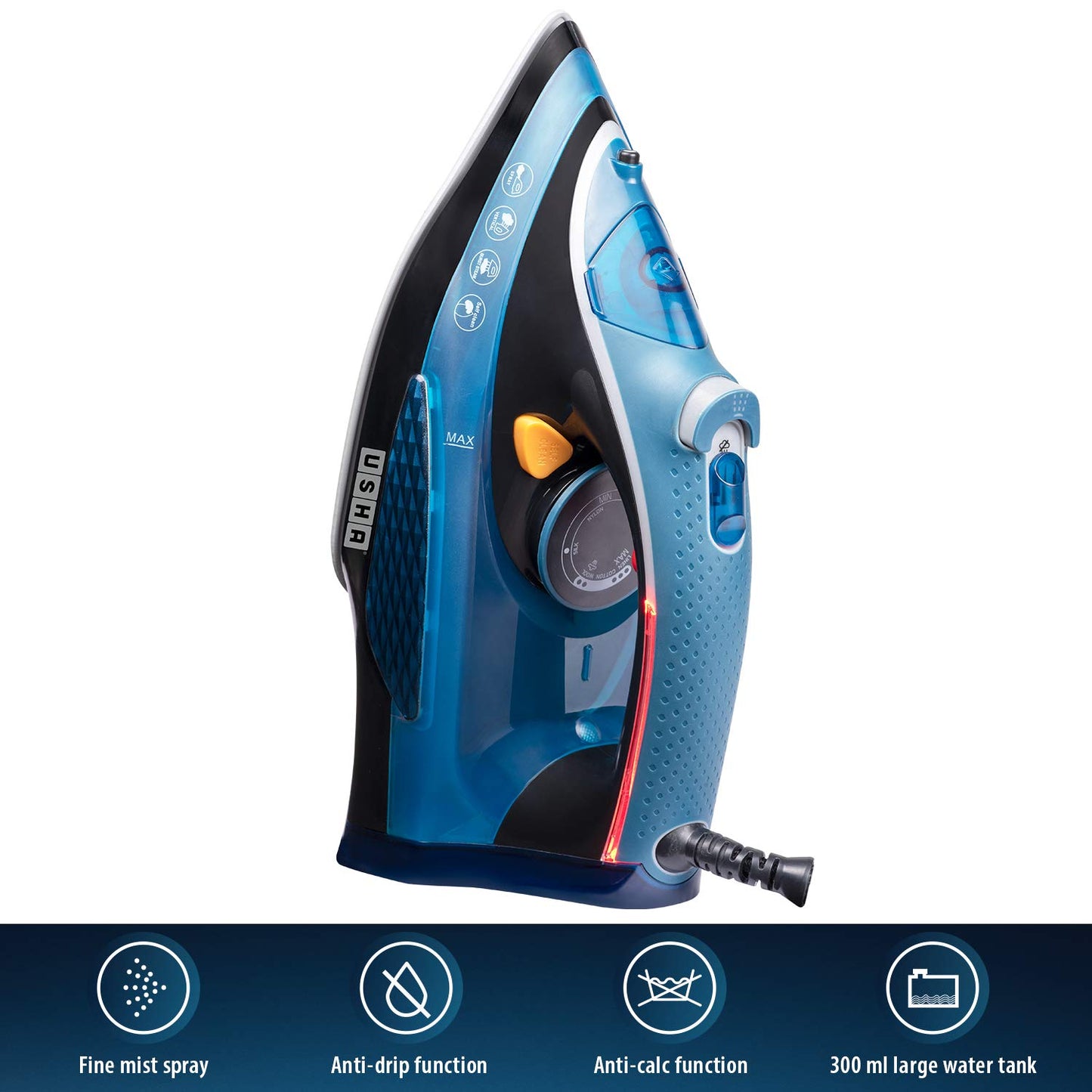 USHA Aqua Glow 2000 watts Steam Iron with Innovative Led Indicator | Ceramic Soleplate |Powerful Steam Output upto 20gm/min | 300ml Water Tank Capacity |Self Cleaning Function| 2 Years Warranty|(Blue)