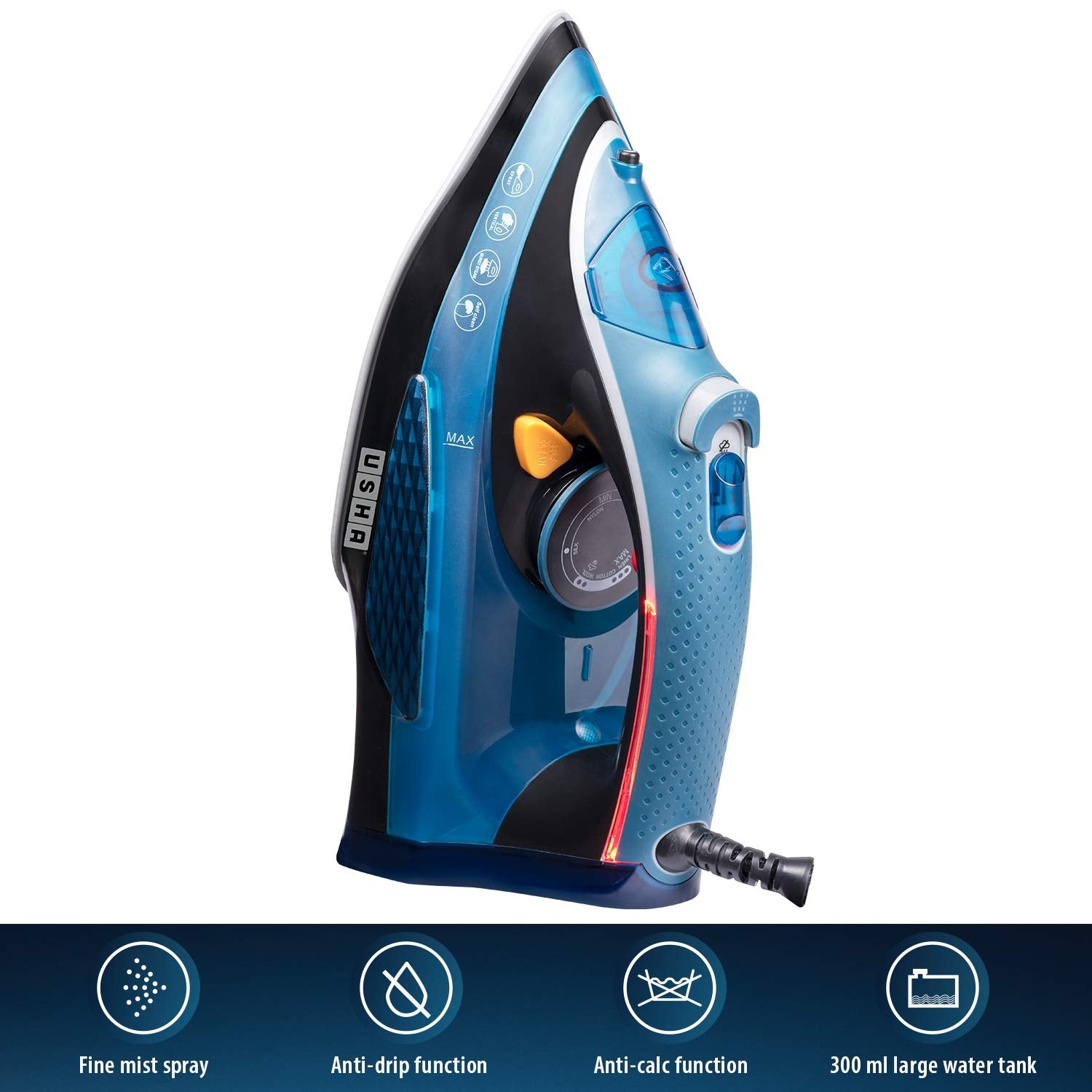 USHA Aqua Glow 2000 watts Steam Iron with Innovative Led Indicator | Ceramic Soleplate |Powerful Steam Output upto 20gm/min | 300ml Water Tank Capacity |Self Cleaning Function| 2 Years Warranty|(Blue)