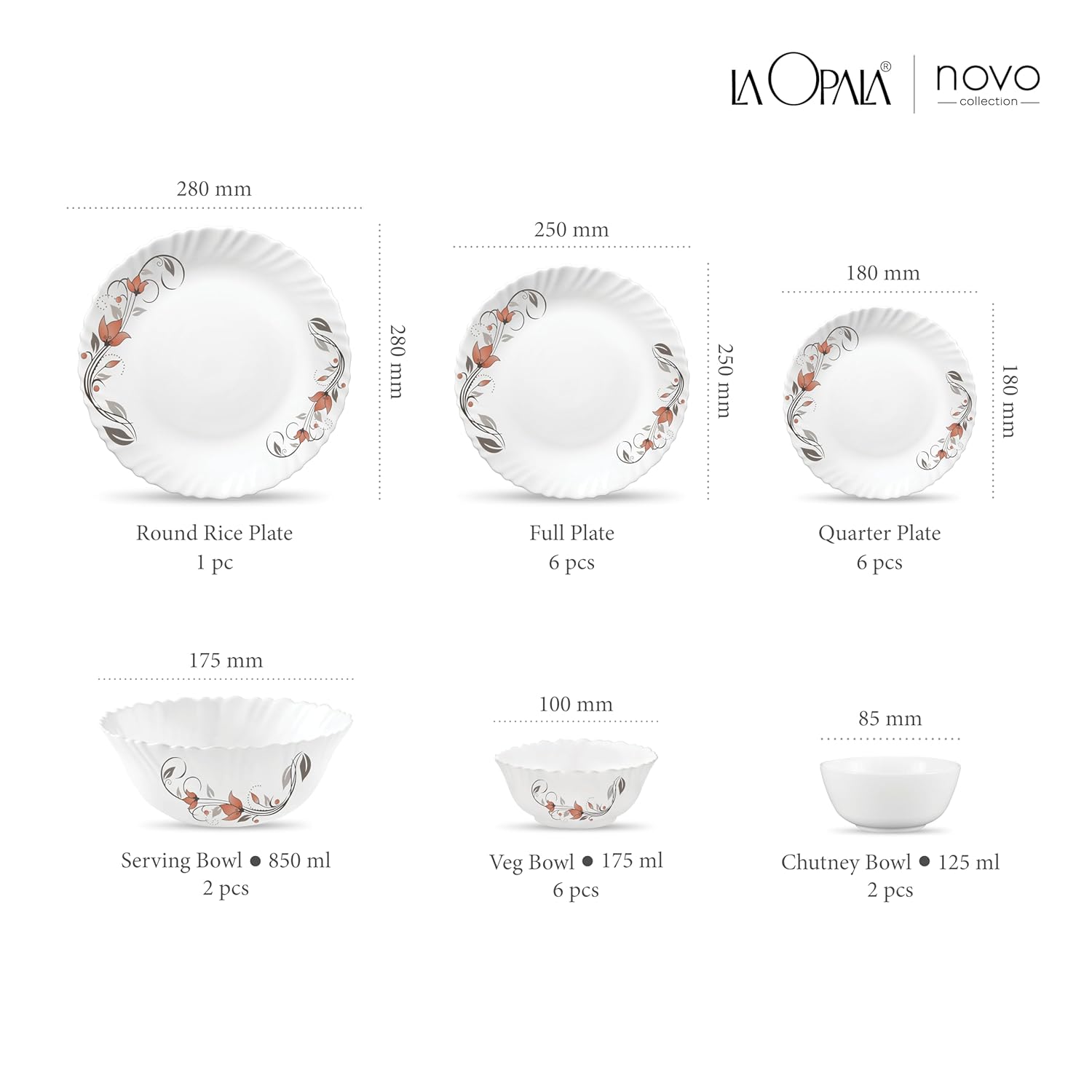 La Opala, Novo Collection, Opal Glass Floral Dinner Set 23 Pcs, Scarlet Blooms, White