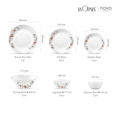 La Opala, Novo Collection, Opal Glass Floral Dinner Set 23 Pcs, Scarlet Blooms, White