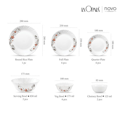 La Opala, Novo Collection, Opal Glass Floral Dinner Set 23 Pcs, Scarlet Blooms, White