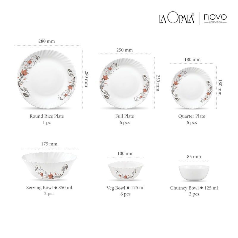 La Opala, Novo Collection, Opal Glass Floral Dinner Set 23 Pcs, Scarlet Blooms, White