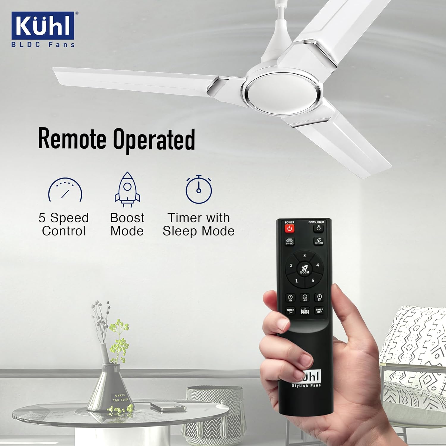KUHL Prima A3 1200mm BLDC Ceiling Fan with Remote | 5-Star Rated | High Airflow | Saves up to 65% Electricity | 5-Year Brand Warranty | White