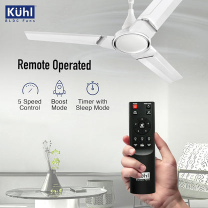 KUHL Prima A3 1200mm BLDC Ceiling Fan with Remote | 5-Star Rated | High Airflow | Saves up to 65% Electricity | 5-Year Brand Warranty | White