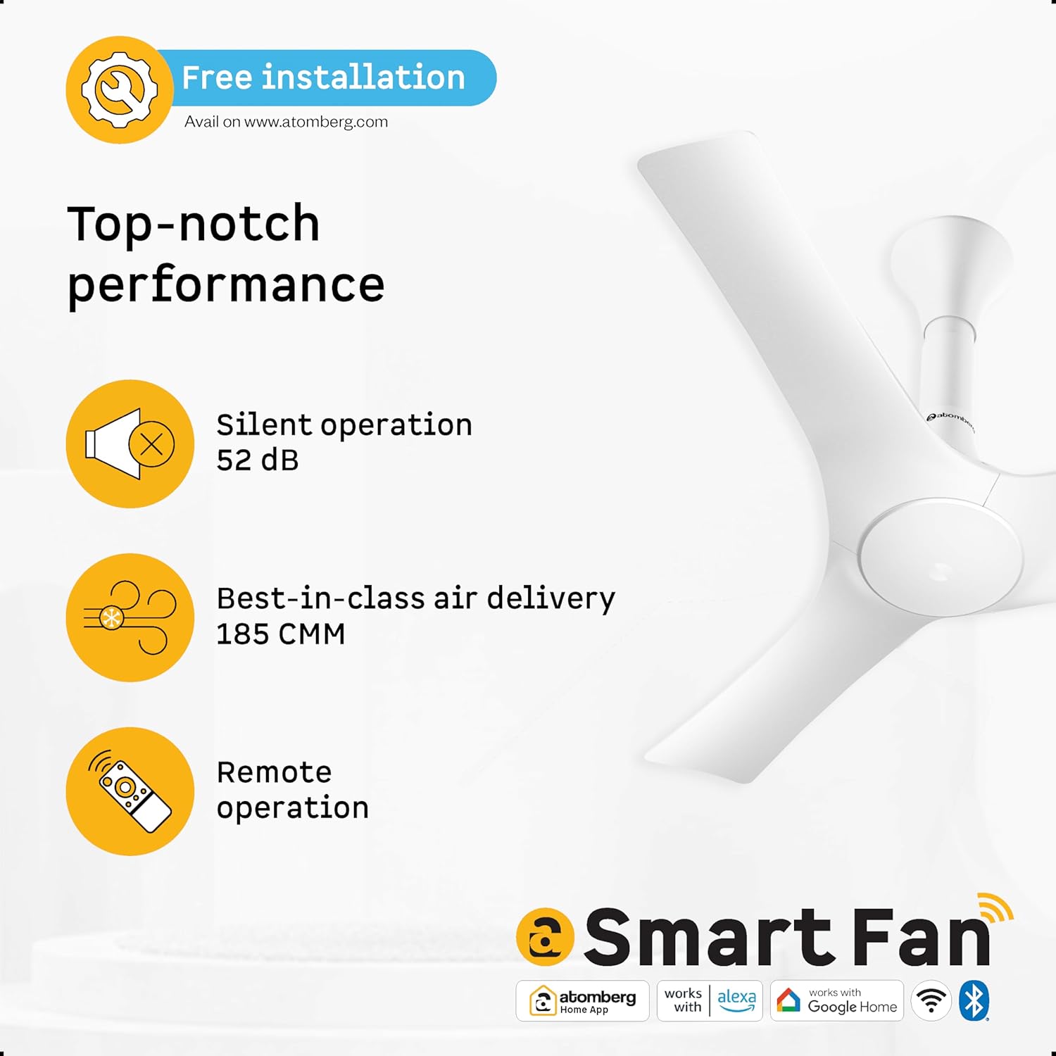 atomberg Aris Gladius Smart 900mm BLDC Ceiling Fan with IoT & Remote | BEE 5-Star| Advance Air+ Technology | Silent Operation | Energy Efficient | Free Installation | 5 Year Warranty (Pearl White)