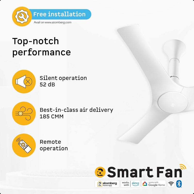 atomberg Aris Gladius Smart 900mm BLDC Ceiling Fan with IoT & Remote | BEE 5-Star| Advance Air+ Technology | Silent Operation | Energy Efficient | Free Installation | 5 Year Warranty (Pearl White)