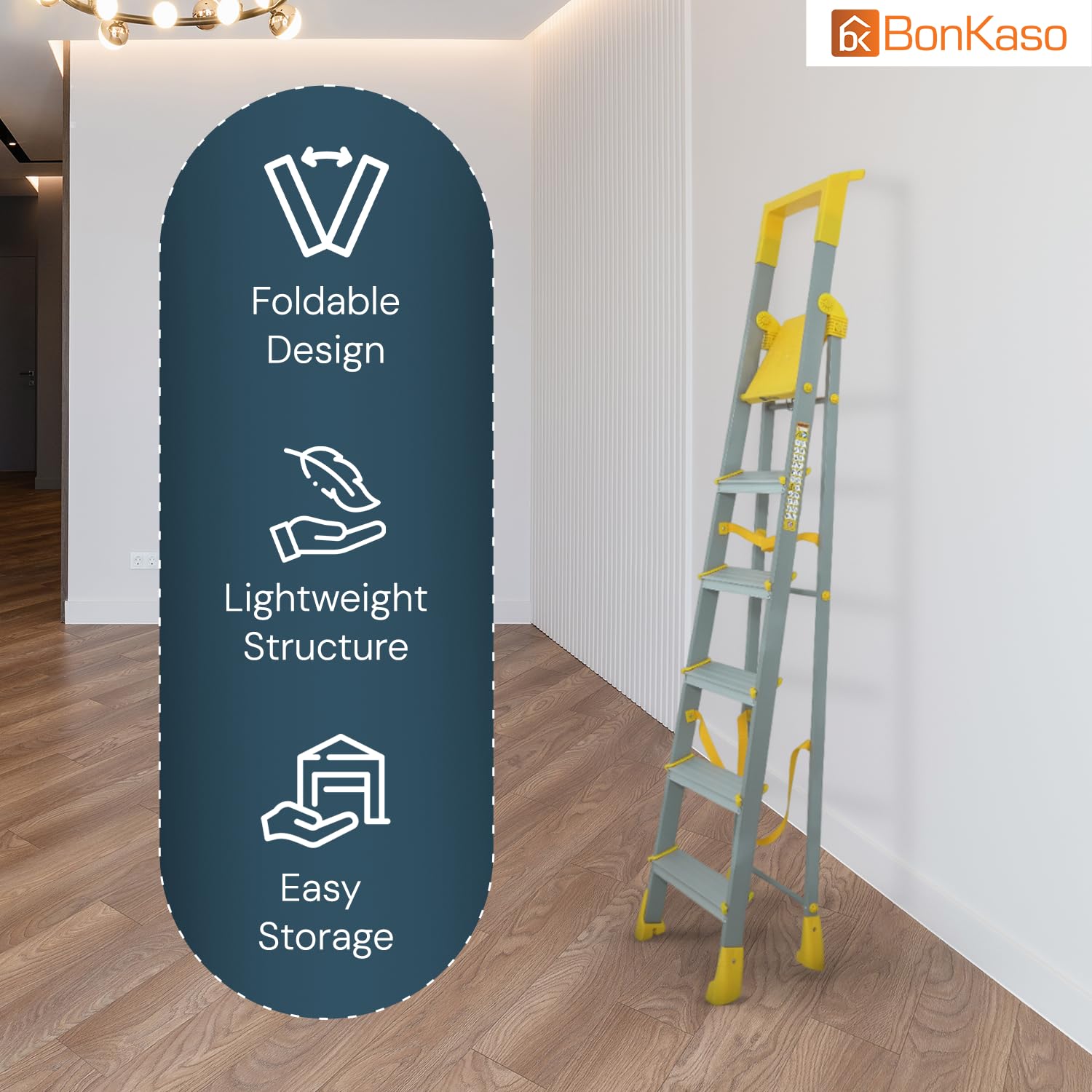 BonKaso Climb Lite Pro+ 6 Step - Foldable Ladder with Tool Tray (125W x 185H Cm)| Heavy-Duty, Anti-Slip & Firm Grip, Load Capacity Upto 120kg | Durable & Portable (Aluminium Steps, Yellow & Satin)