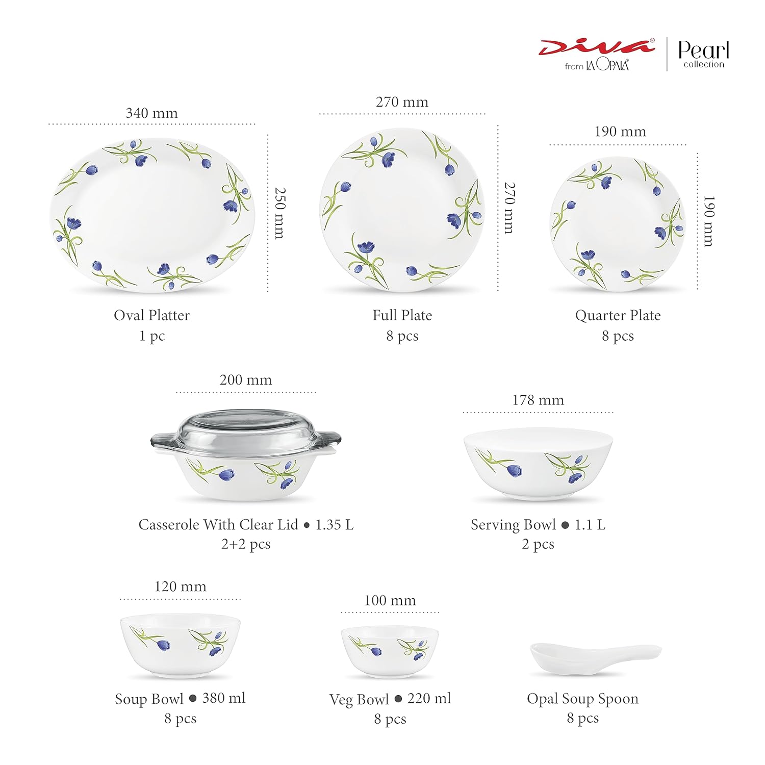 Diva by La Opala, Pearl Collection, Opal Glass Dinner Set 47 pcs, Turquoise Trims, White