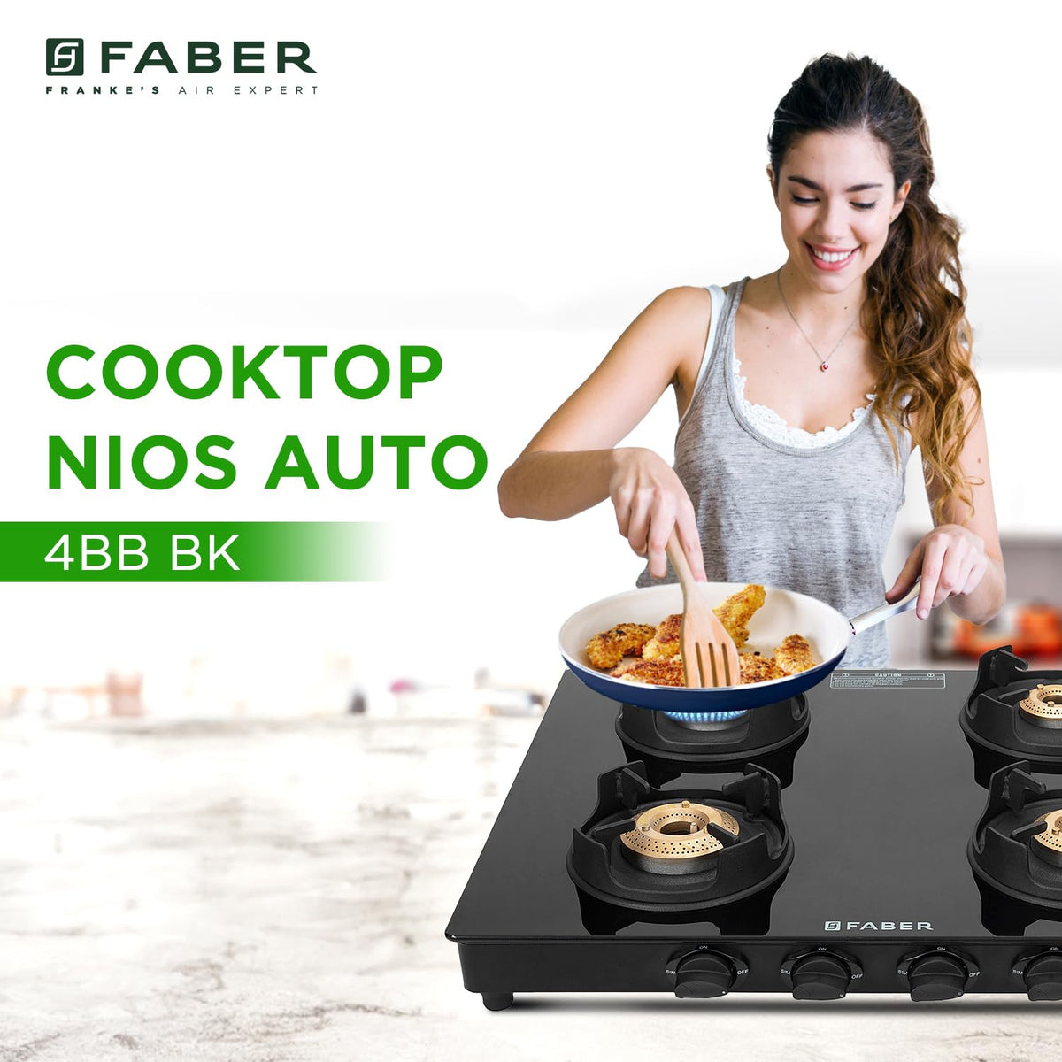 Faber 4 Burner Auto-Ignition Cooktop| ONYX AI 4BB BK |Black ABS Knobs| Brass Burners| Cast Iron Pan Support| Black Glass