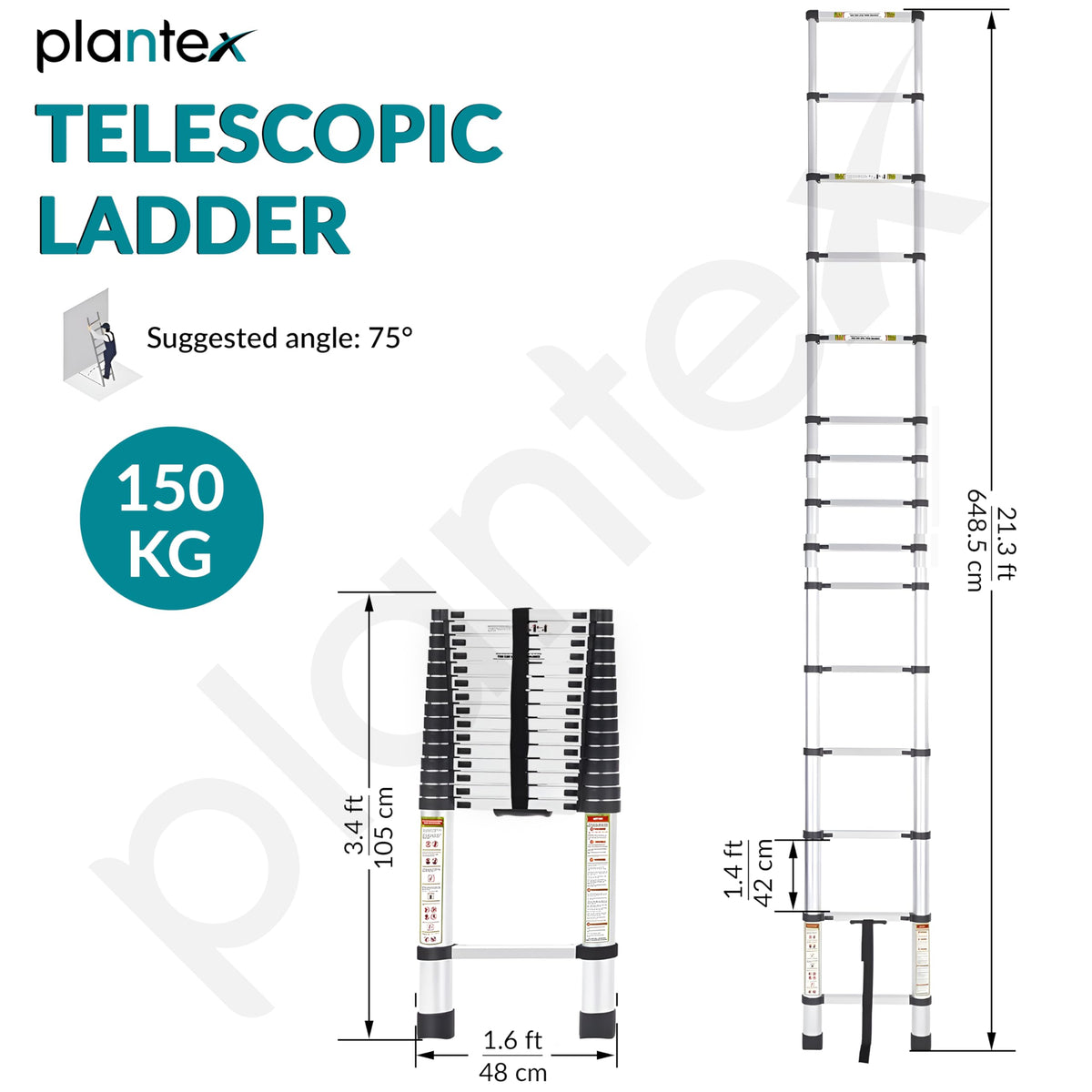 Plantex 21.33 feet (6.5m) Telescopic Ladder/Durable Steps/Height Adjustable Aluminium Ladder/Telescopic Ladder/Extendable Portable Steps and Compact Design