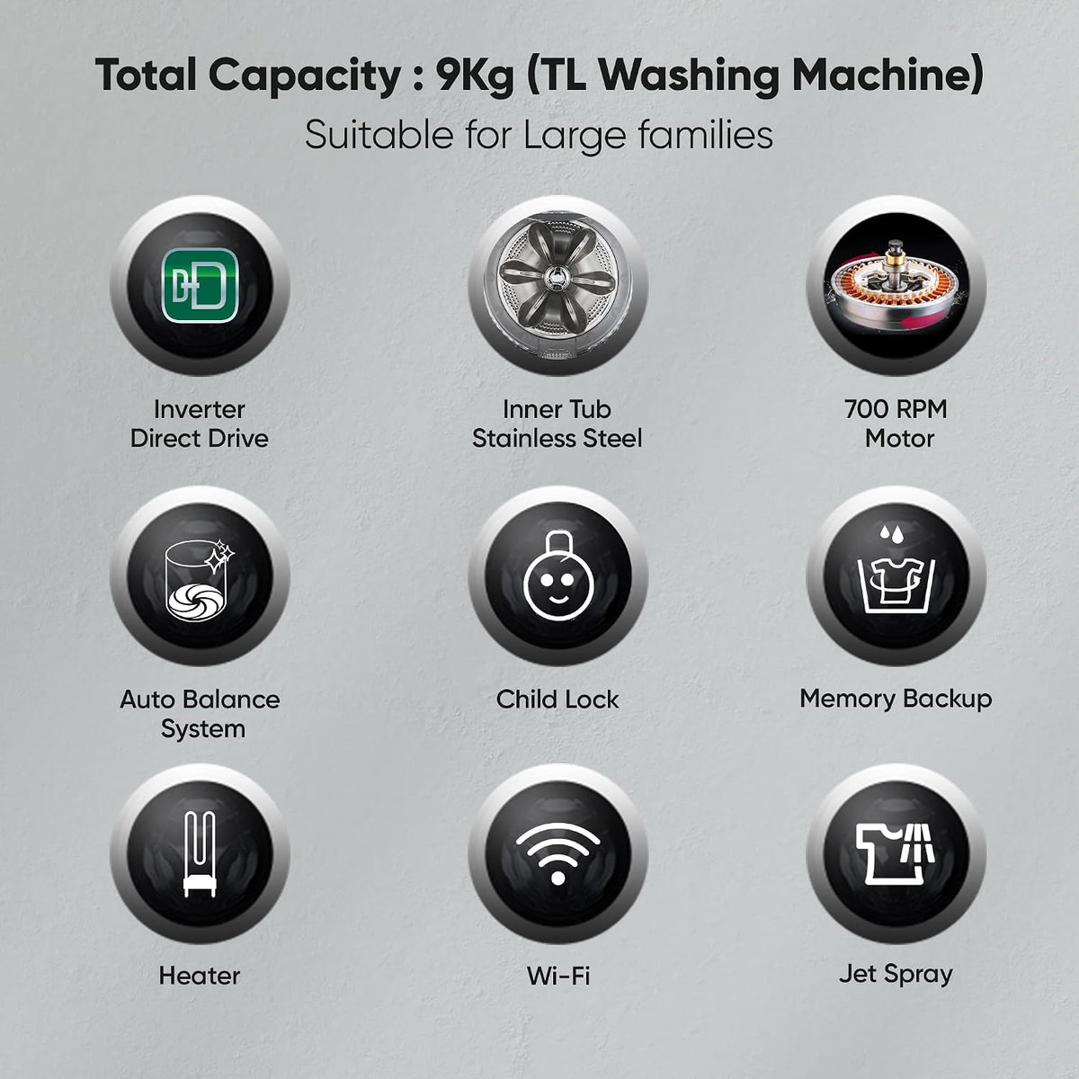 LG 9 Kg 5 Star Inverter Wi-Fi Fully-Automatic Top Loading Washing Machine Appliance (THD09NWM, Middle Black, AIDD Technology & TurboWash)-2