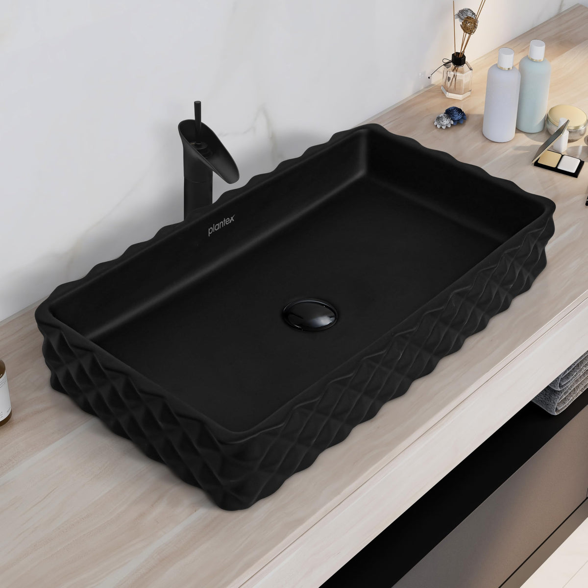 Plantex Ceramic Wash Basin for Bathroom/Table Top Ceramic Basin/Washbasin for Bathroom (Black - 24 x 14 x 5 Inch)-1