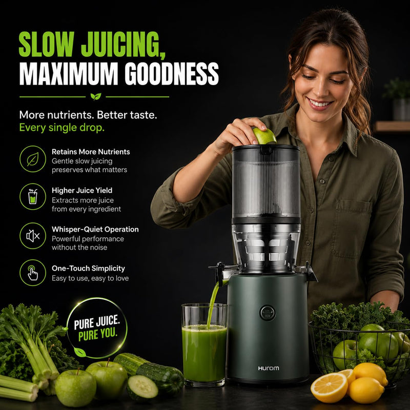 Hurom H320 Cold Press Juicer | Ultra Low Pulp | Slow Juicer | Hopper Fits Whole Produce | Ultra Quiet Motor | Easy Assembly | Cold Press Masticating Juicer, 15 Years Warranty (Green)