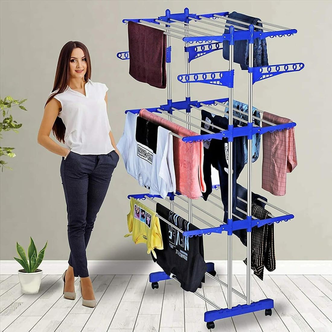 HOUZA Premium Stainless Steel Clothes Drying Stand with Wheels | 3 Layer Foldable Cloth Dryer Stand/Rack for Household, Balcony, Indoor & Outdoor | Portable & Rustproof- Blue