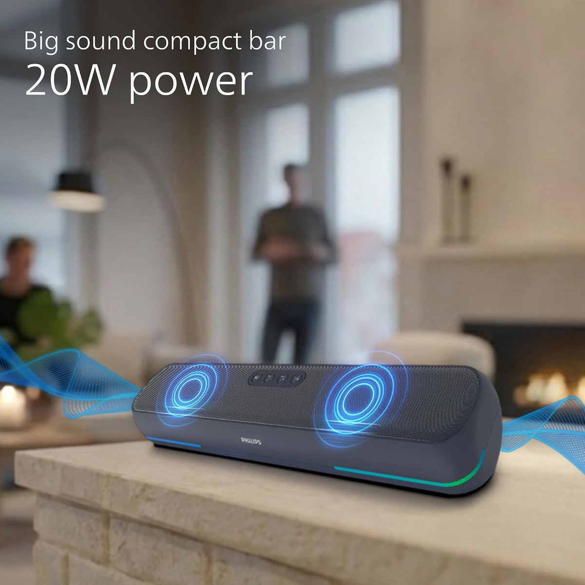 Philips TAB4120BL/94 Wireless Bluetooth Soundbar, 20W, 8H Playtime, Bluetooth 5.1, TWS Mode, RGB Light