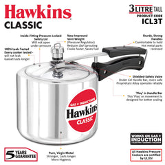 Hawkins Aluminium 3 Litre Classic Pressure Cooker,Induction Inner Lid Cooker,Tall Design Pan Cooker,(Icl3T)