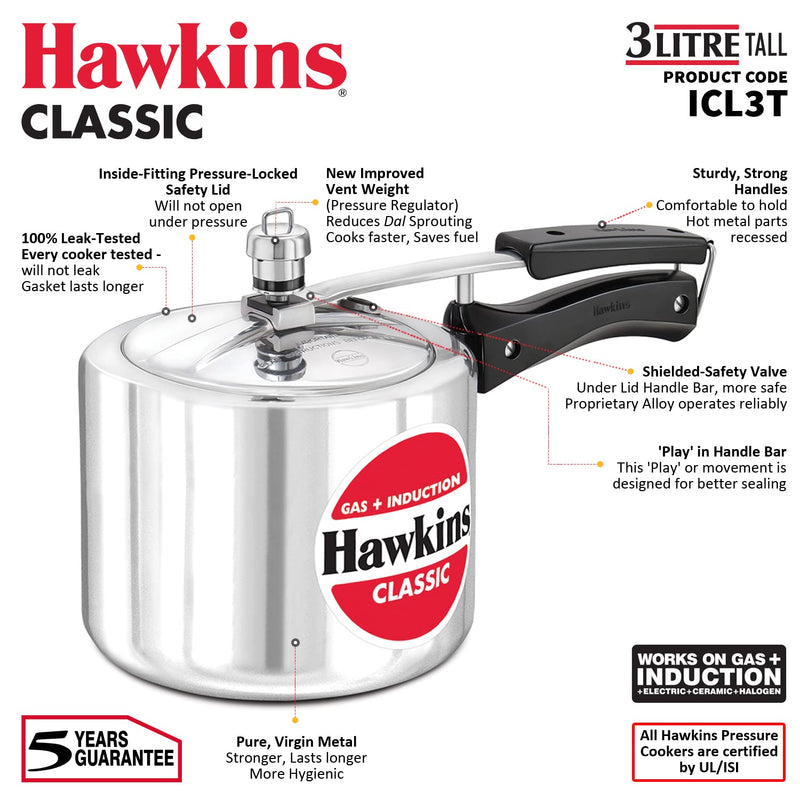 Hawkins Aluminium 3 Litre Classic Pressure Cooker,Induction Inner Lid Cooker,Tall Design Pan Cooker,(Icl3T)