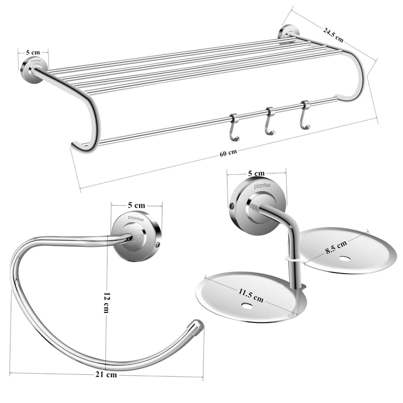 Plantex 304 Grade Stainless Steel Bathroom Accessories Set of 3 - Towel Stand/Napking Hanger/Dual Soap Holder for Bathroom - Daizy (Chrome)-2