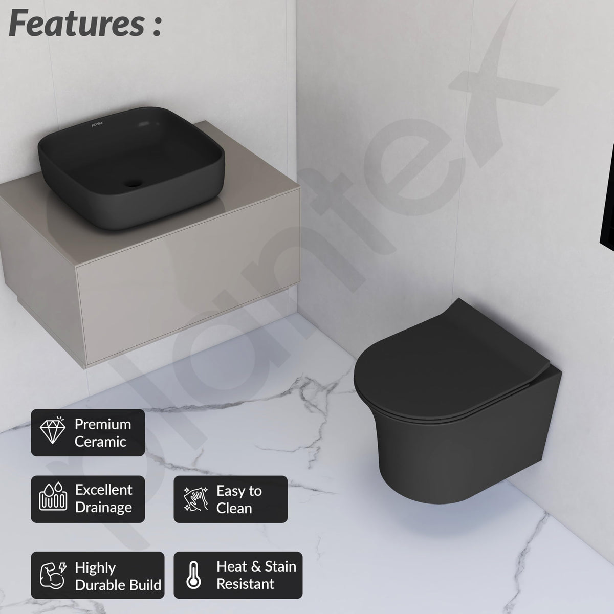 Plantex Ceramic Wall-hung Commode with Table-Top Wash Basin for Bathroom/Rimless Washdown Western Toilet/Bathroom Wash Basin - P Trap Commode - Black-6