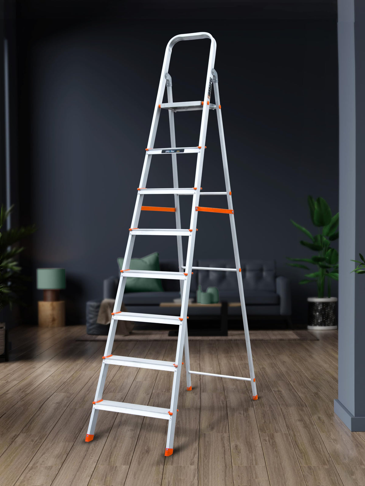 Plantex Legend Aluminium Folding 8 Step Ladder for Home - 8 Step Anti Skid Ladder/Wide Step Ladder (Orange-Silver)