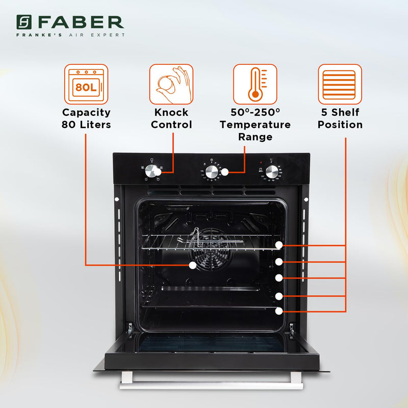 Faber 80L Built-In Black Finish Oven || Push/Pull Knob Control with Digital Display || 4 Cooking Functions with Grill Rack, Universal Pan|| FBIO 80L 4F BK with 1 Yr Comprehensive Warranty