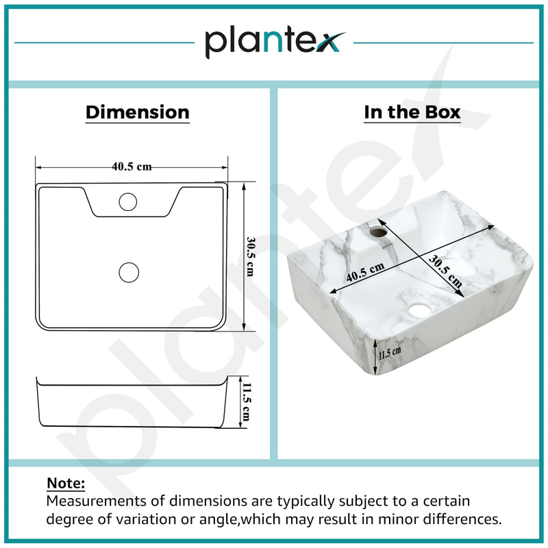 Plantex Ceramic Wash Basin for Bathroom/Rectangle Wall Mount Basin/Bathroom Sink/Washbasin for Restaurant/Hotel (Marble Finish - 16 x 12 x 5 Inch)-3