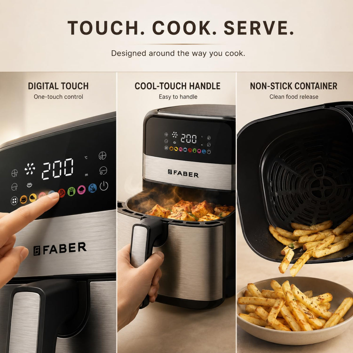 Faber 7L 1600W Digital Air Fryer | Fry, Bake, Roast, Toast, Defrost, Grill & Reheat | 85% Less Oil, 360° Air Cooking | 8