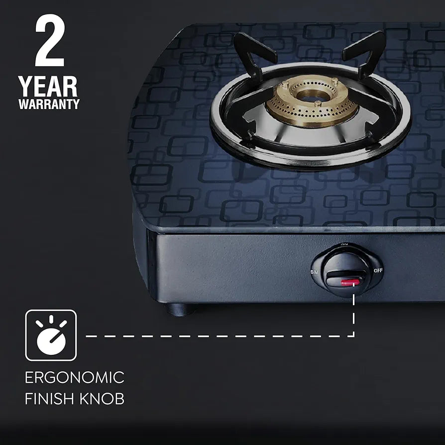 Prestige Premia Schott Glass-Top GTS 03L   3 Brass Burner Gas Stove | Black | Ergonomic Knob | SABAF Gas Valves | Individual Pan Support | Tri-Pin Burners