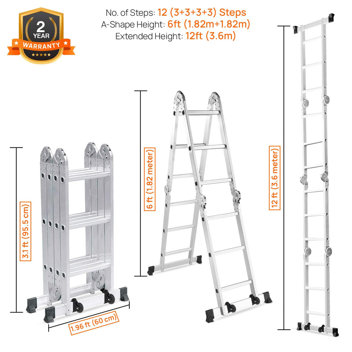 Corvids 12 Feet (12 Step) Portable & Compact Folding Aluminium Multipurpose Super Ladder | 2-Year Warranty | Ladder for Home & Industrial Use - Capacity 120 Kg Silver