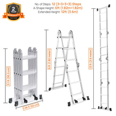 Corvids 12 Feet (12 Step) Portable & Compact Folding Aluminium Multipurpose Super Ladder | 2-Year Warranty | Ladder for Home & Industrial Use - Capacity 120 Kg Silver