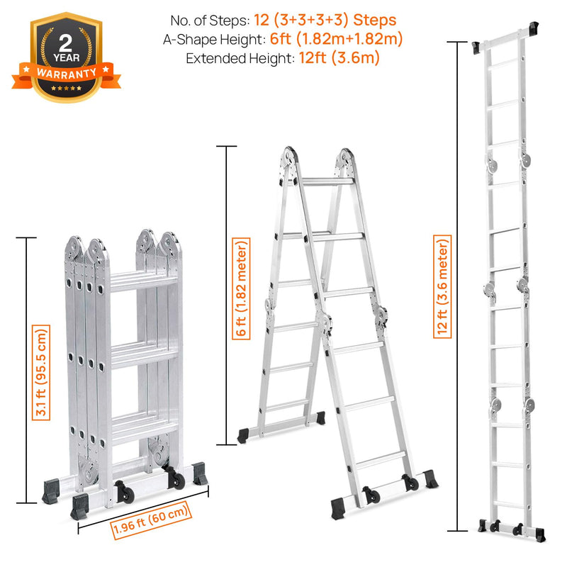 Corvids 12 Feet (12 Step) Portable & Compact Folding Aluminium Multipurpose Super Ladder | 2-Year Warranty | Ladder for Home & Industrial Use - Capacity 120 Kg Silver