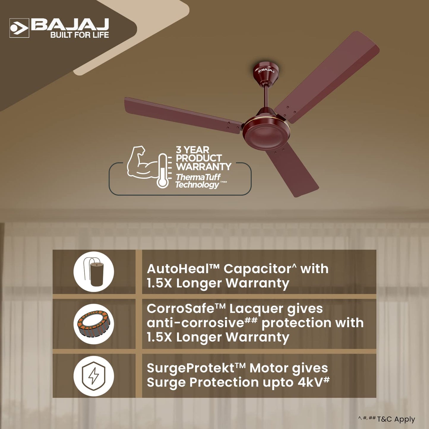 Bajaj Robusta 12S1 1200MM 1 Star Rated Ceiling Fans For Home | BEE Stars Rated Energy Efficient Ceiling Fan | Surgeprotekt Motor | 2 Years Warranty 【Base Brown】