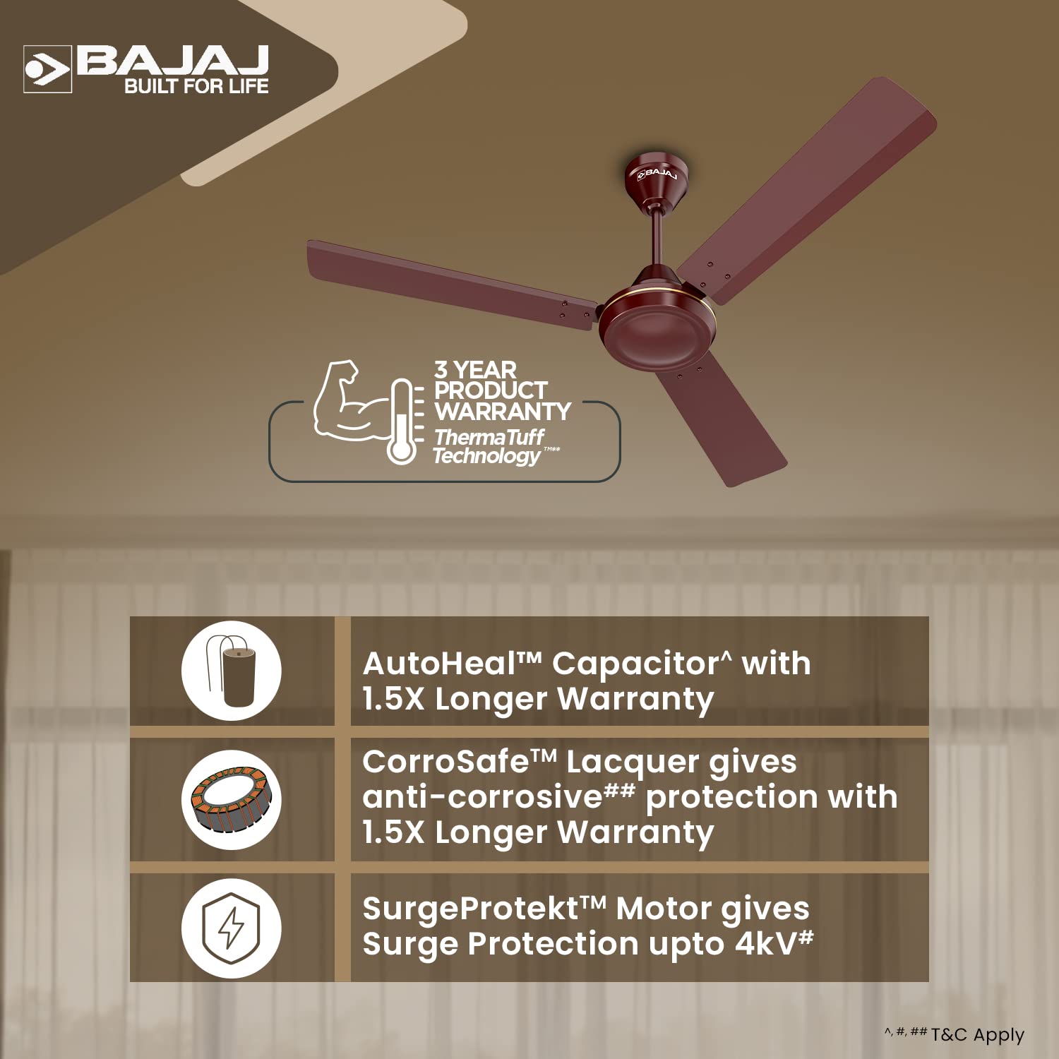 Bajaj Robusta 12S1 1200MM 1 Star Rated Ceiling Fans For Home | BEE Stars Rated Energy Efficient Ceiling Fan | Surgeprotekt Motor | 2 Years Warranty 【Base Brown】