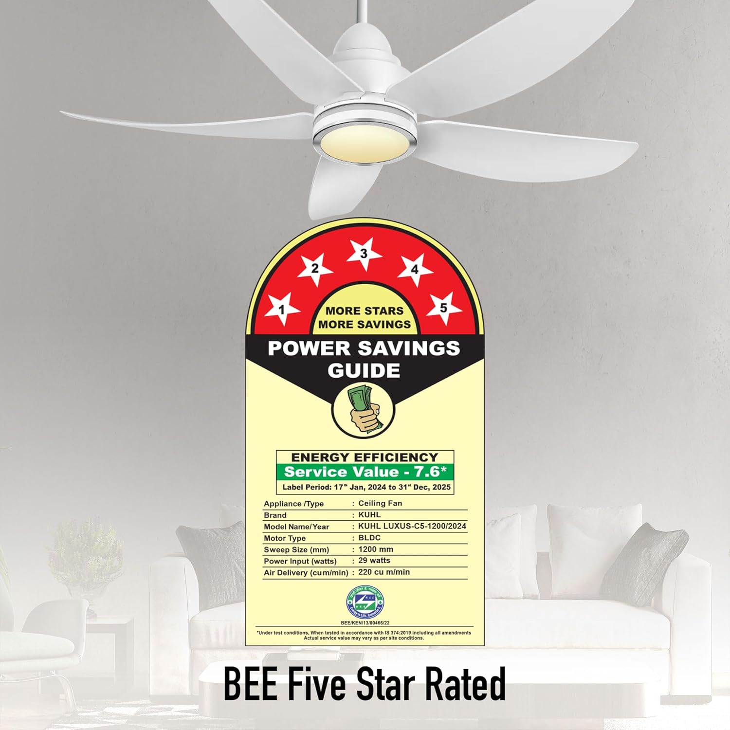KUHL Luxus C5 1200mm Stylish 65% Power Saving BLDC Ceiling Fan with Remote | Night & Down Light|29W |BEE 5 Star | Low Noise | IoT Operate via Mobile & Alexa | Reverse Mode | Free Installation | White