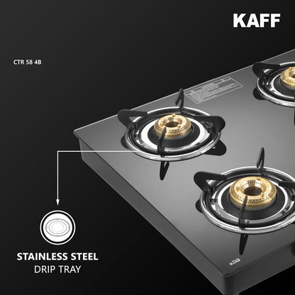 KAFF Cooktop | 4 Burners with Slim Line Design 58 CM | High Efficiency Brass Burners, Black Tempered Glass | Matt Enamelled Pan Support | Black | CTR58-4B