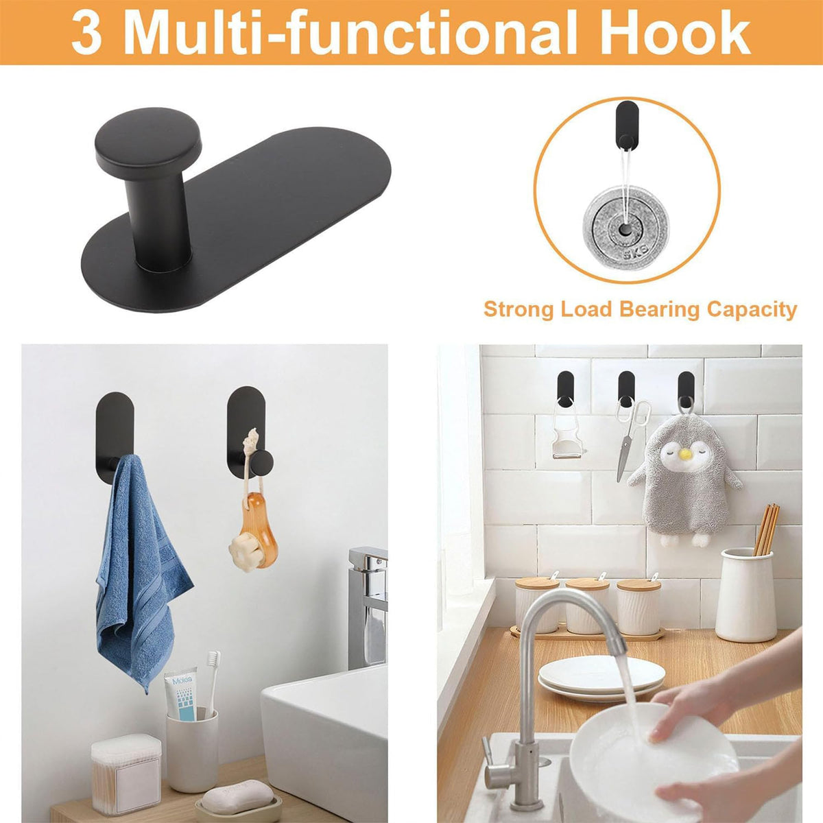 Plantex Stainless Steel Self Adhesive Bathroom Accessories Set-16 inch Single Towel Rod/Napkin Holder/Paper Holder/Robe Hook for Bathroom - 4 Piece Combo (Black)-4