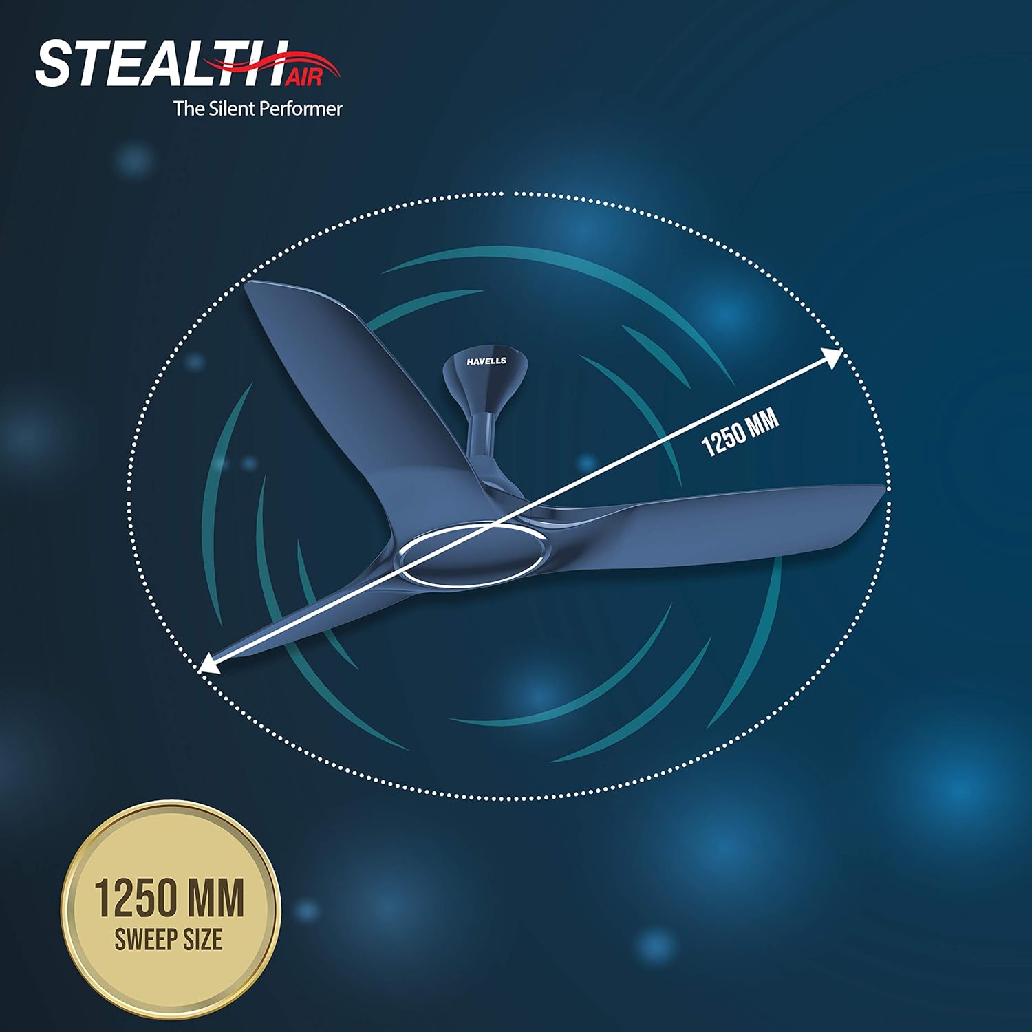 Havells 1250mm Stealth Air Ceiling Fan | Aerodynamic blades for silent operation, Superior Air Delivery | Dust Resistant , the most slient fan with Premium look and finish | (Pack of 1, Indigo Blue)