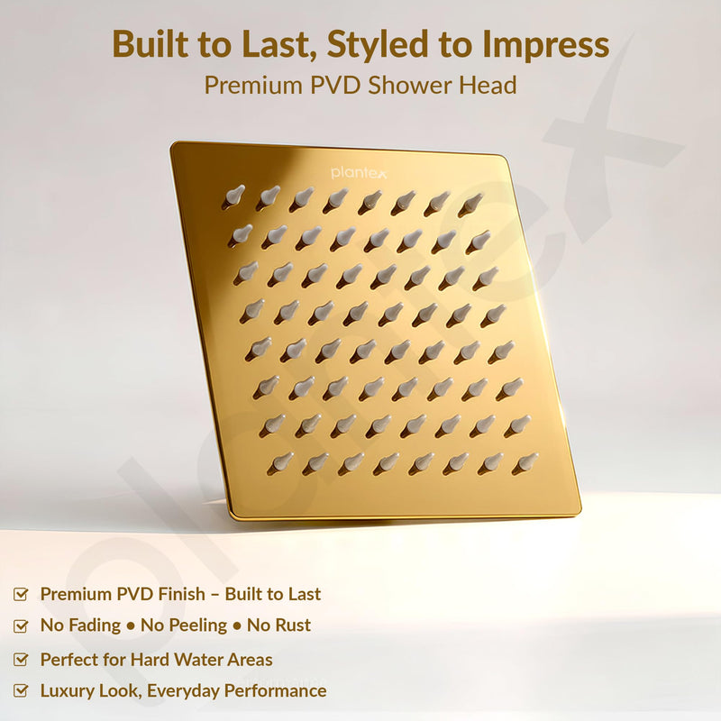 Plantex Stainless Steel Overhead Shower 6 x 6 inch with Water-Saving Technology/High pressure Rain Shower Head without Arm/Bathroom Shower -(Ultra Slim-PVD Gold)-5