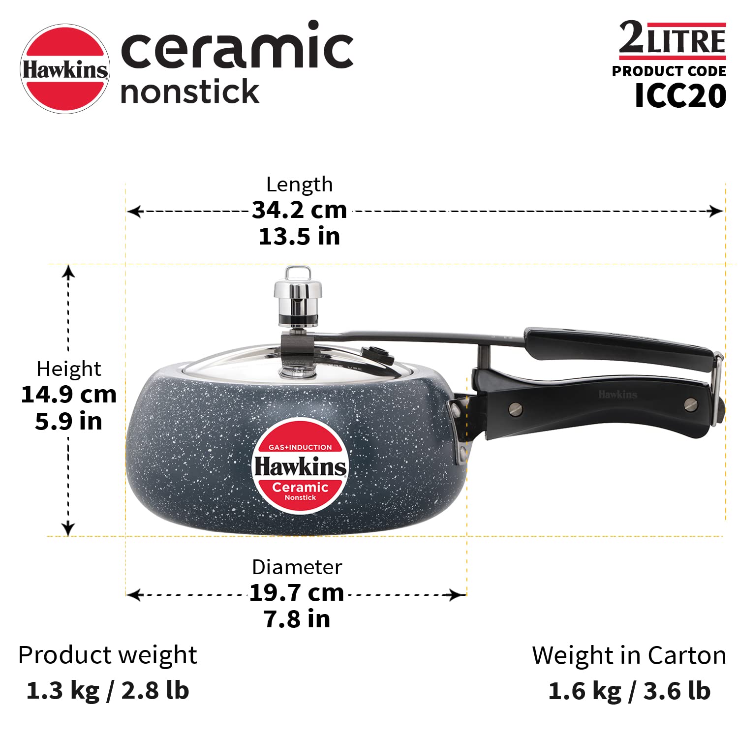 Hawkins 2 Litre Ceramic Nonstick Pressure Cooker, Induction Inner Lid Cooker, Granite Contura shaped Cooker, Blue (ICC20)