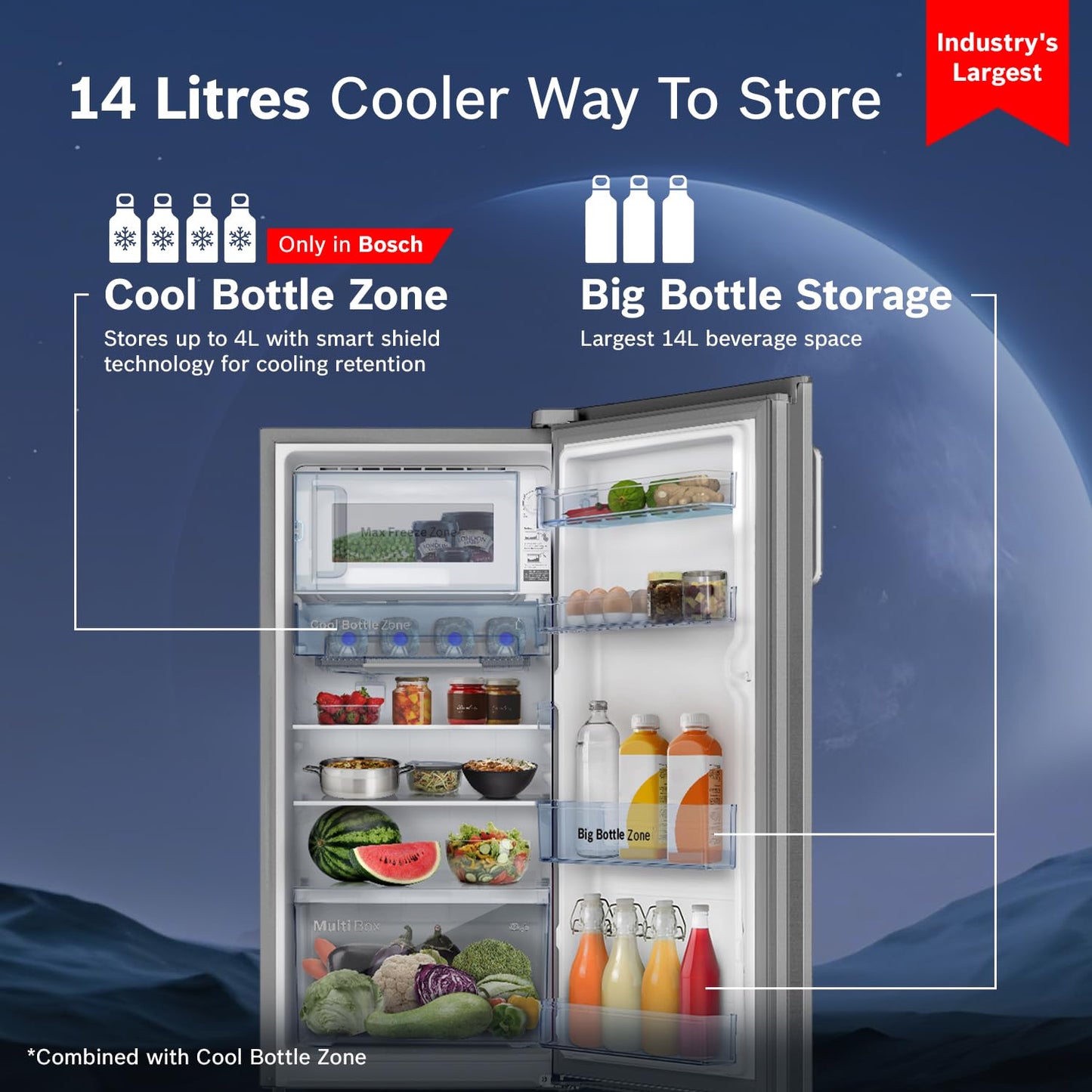 Bosch 187 L, 4 Star, Single Door Refrigerator with Industry's largest vegetable box* & Beverage space (CST18S24NI, Fine steel) 18 Hr Cooling Retention, 2.5x Faster Cooling, Smart inverter compressor