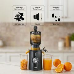 Prestige Natura 200W Cold Press Slow Juicer | 105mm Wide Chute | Interlocking Safety | Reverse Function | Juice and Pulp Collectors | Quiet Operation | Easy to Clean | Black | 2 Year Warranty