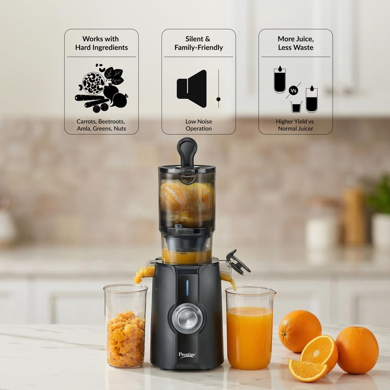 Prestige Natura 200W Cold Press Slow Juicer | 105mm Wide Chute | Interlocking Safety | Reverse Function | Juice and Pulp Collectors | Quiet Operation | Easy to Clean | Black | 2 Year Warranty