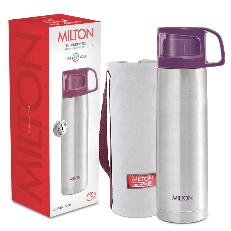 Milton Glassy 500 Thermosteel Vacuum Insulated Double Walled Flask with Drinking Cup lid & Jacket, 500 ml Water Bottles, 24 Hours Hot & Cold, Easy to Carry,Rust Proof, Tea, Coffee, Travel Bottle, Grey