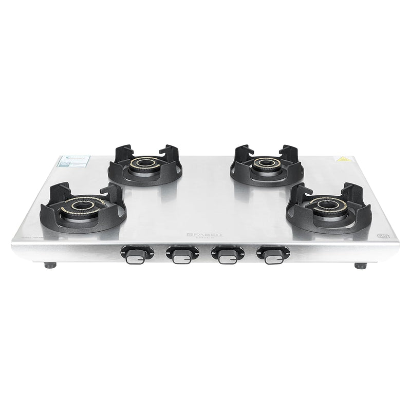 Faber Ember Stainless Steel Cooktop | 3 Brass Burners (Jumbo, Medium & Small |Manual Ignition | Diamond-Coated Pan Suppo